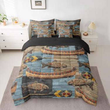 Imagem de Feelyou Jogo de cama casal com edredom de pesca, para crianças, meninos, meninas, chalé, lago, 7 peças, decoração de quarto, microfibra leve e macia