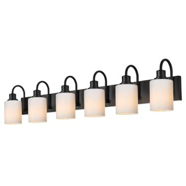 Imagem de VINLUZ Luminária De Parede Com 6 Luzes Em Acabamento Preto Fosco, Penteadeira Clássica Para Banheiro Cúpula Vidro Branco Opala, Arandela Moderna Corredor E Mesa Maquiagem