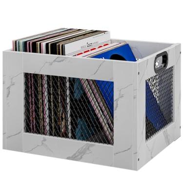 Imagem de TEMI Caixa de armazenamento de discos de vinil – Suporte grande de madeira para mais de 70 álbuns – Organizador de discos de estilo industrial e solução de armazenamento de discos durável para casa ou