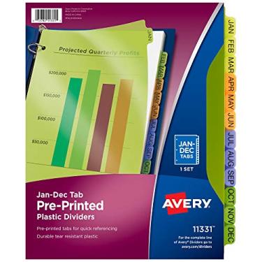 Imagem de Divisórias de aba pré-impressas de plástico Avery, 21,6 x 27,9 cm, aba Jan-Dec, aba multicolorida, 1 conjunto (11331)