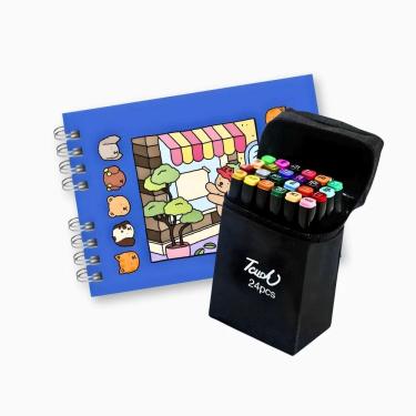 Imagem de Kit 24 Canetas Marcadoras Ponta Dupla + Livro Colorir Azul