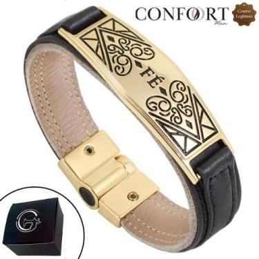 Imagem de Pulseira Couro Preto Magnética Feminina Fé Proteção Dourado - GRANADO 