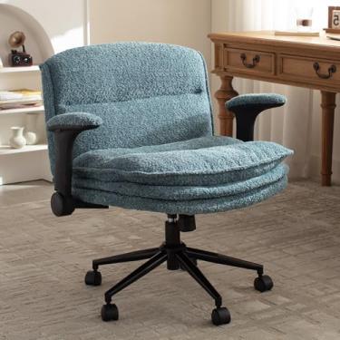 Imagem de Dowinx Cadeira cruzada com braços e rodas ajustáveis, poltrona de escritório confortável ergonômica com pernas cruzadas com almofadas de 3 camadas, cadeira de vaidade de assento largo para escritório