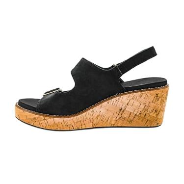 Imagem de Corkys Footwear Cunha feminina "My 2 Cents" de 6 cm, com fecho de velcro no tornozelo, duas alças com fivelas ajustáveis e palmilhas acolchoadas de EVA para uso o dia todo, Camurça sintética preta, 36