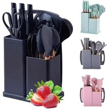 Imagem de Kit Completo Jogo de Cozinha Luxo 19 Peças Com Tábua em Silicone Espátula Faca Tesoura