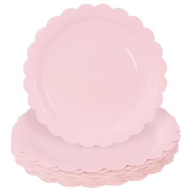 Imagem de HEIPINIUYE 25 peças de pratos de papel rosa claro 18 cm pratos recortados rosa prato de jantar descartável para chá de bebê, festa de aniversário, prato de sobremesa