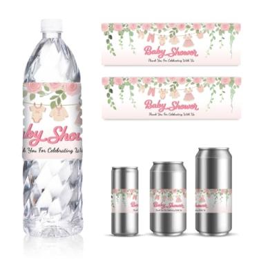 Imagem de GOMAKERER 30 folhas de etiquetas de garrafa de água para recém-nascidos, etiquetas autoadesivas para recipientes de água potável rosa junho rosa para chá de bebê, lembrancinha de festa de aniversário