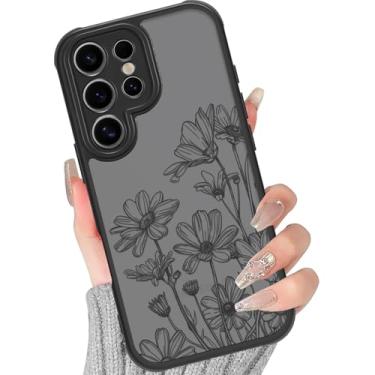 Imagem de Yomjew Lindas Linhas Pretas Flor Capa de Telefone para Samsung Galaxy S24 Ultra 5G Feminino Capa Feminina 6,8 polegadas, Design Estético de Crisântemo Floral Estampa Translúcida Fosco Capa Silicone