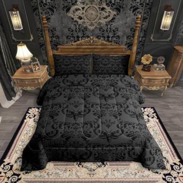Imagem de Erosebridal Jogo de cama gótico cinza preto mariposa gótico king conjunto de edredom vintage damasco boêmio para meninos adultos homens, exótico estilo vitoriano floral animal colcha decoração de