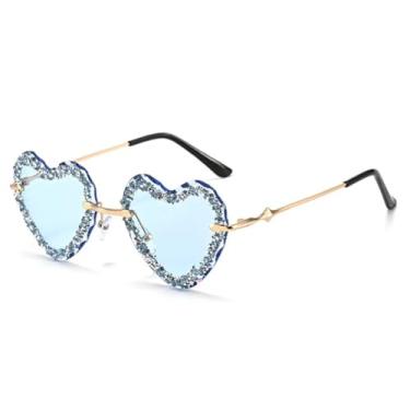 Imagem de HCHES Óculos de sol femininos brilhantes sem aro, metal, formato de coração, UV400 (dourado-azul)