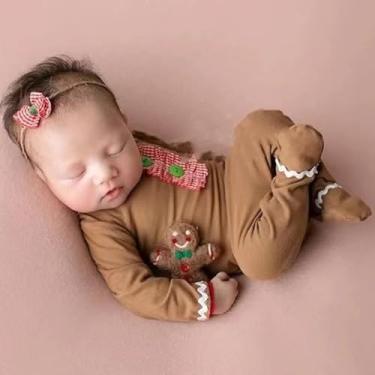 Imagem de Lgvhydh Adereços de fotografia de Natal, recém-nascidos, roupas de crochê, Papai Noel, chapéu vermelho, calças, adereços de sessão de fotos, fantasia (Caqui A)