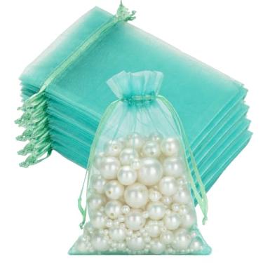 Imagem de joycraft 50 unidades de bolsas de organza azul aqua – bolsa de malha com cordão de 10 x 15 cm, sacolas transparentes de presente de Natal para artesanato DIY, presente de Natal, embalagem de joias