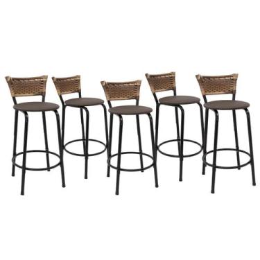 Imagem de Kit 5 Banquetas Para Balcão 60cm Preta Junco Cappuccino Balcão Bistrô 