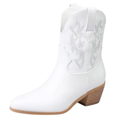 Imagem de STALOV Botas femininas Western Cowgirl, bordadas, prata, cano alto, bico fino, pull-on, salto bloco, casual, primavera, outono, cowboy, equitação, Branco, 37