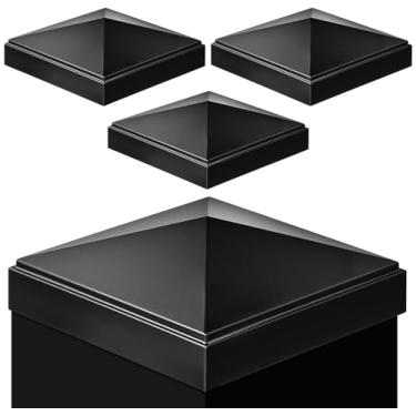 Imagem de Pelopy 4 peças de tampas de poste de pirâmide de alumínio preto para madeira verdadeira/postes de cerca de metal de decks ou corredores capa de pirâmide de caixa de correio (10 x 10 cm)