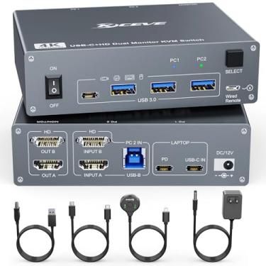 Imagem de Interruptor KVM 8K, 2 monitores, 2 computadores USB C HDMI, monitor duplo USB 3.0 USB Typc C KVM Switcher suporta 8K @60Hz para 2 computadores compartilham teclado, mouse e monitor