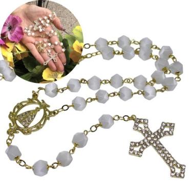 Imagem de Terço olho de gato branco especial octavado 6mm Folheado à Ouro 18k co