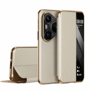 Imagem de LTLMYDAM Capa de revestimento para Huawei Pura 80 Ultra/80 Pro/80 Pro+/80, capa fina de couro lichia dobrável visível com borda dourada com fecho magnético, bege, 80