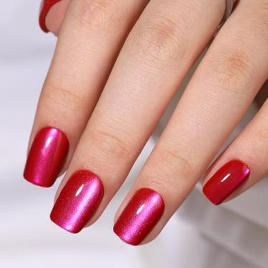 Imagem de RTKHFZE Press on Nails Short – unhas macias de gel prensado nas unhas curtas quadradas rosa vermelha olho de gato com cola para unhas, ajuste perfeito, unhas reutilizáveis em 16 tamanhos – Kit de 32