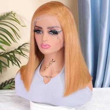 Imagem de UCUVIC Peruca bob loira mel 33 x 10 cabelo humano hd lace frontal perucas cabelo humano Bob pré-arrancado com cabelo de bebê reto frontal Bob perucas 180 densidade para mulheres negras 35,5 cm liso