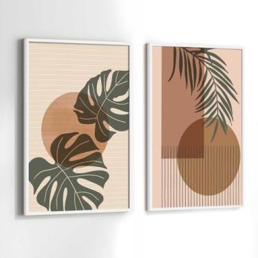 Imagem de Conjunto Quadros Decorativos com Moldura Folhas Abstrato Marrom Verde 