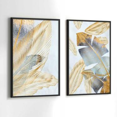 Imagem de Conjunto Quadros Decorativos com Moldura Folhas Azul Verde Dourada Kit