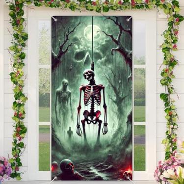 Imagem de BlissYard Banner de porta de Halloween da floresta assombrada, 89 x 189 cm, esqueleto, nó de terror, decoração para porta frontal com neblina, crânio, árvores e lua, para uso ao ar livre, faixa