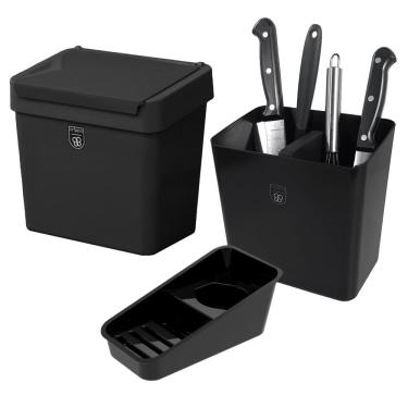 Imagem de Kit 3 Pç Organizador de Pia + Escorredor Talheres + Lixeira 2,5 Litros Com Tampa Cozinha Preto - Pop Crippa