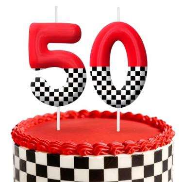 Imagem de Velas de aniversário de carro de corrida, decoração de topo de bolo de 6 cm, bandeira quadriculada número 50 velas, decorações de aniversário, decorações de bolo de festa de aniversário, suprimentos