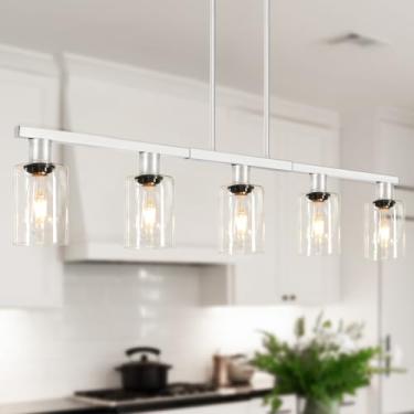 Imagem de Iluminação de ilha de cozinha de 5 luzes de níquel escovado com persianas de vidro transparente, luz de ilha ajustável para cozinha, luminária de sala de jantar sobre mesa, luminária pendente de