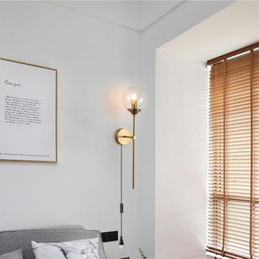 Imagem de Luminária de parede E27 com interruptor e plugue Arandelas de parede internas modernas com cobertura de sombra de vidro, lâmpadas de parede com cabo de alimentação E27 Suporte de lâmpada para quarto