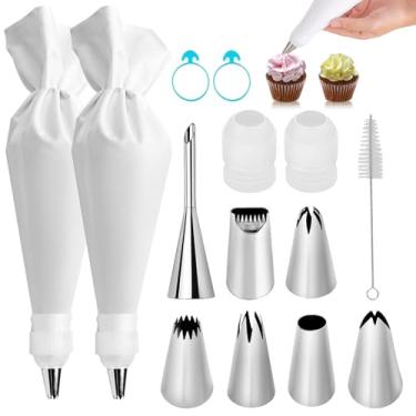 Imagem de Conjunto de 14 sacos de confeitar reutilizáveis e pontas - kit de cozimento de algodão com acoplador, bicos de aço inoxidável, abraçadeiras de silicone e limpador para decoração de bolos/cupcakes