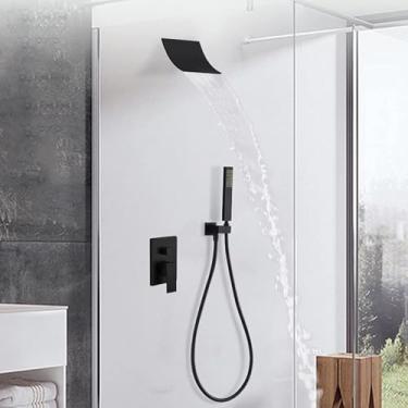 Imagem de Sistema De Chuveiro Em Cascata, Torneira De Chuveiro De Latão Preto Montada Na Parede, Com Chuveiro Em Cascata, Bico De Banheira E Chuveiro De Mão, Torneira De Chuveiro De Chuva De Alta Pre