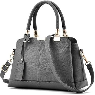 Imagem de Bolsa Feminina Lychee Pattern Top Handbag Tote Bag Pasta Com Alça De Ombro De Couro Destacável, Gray