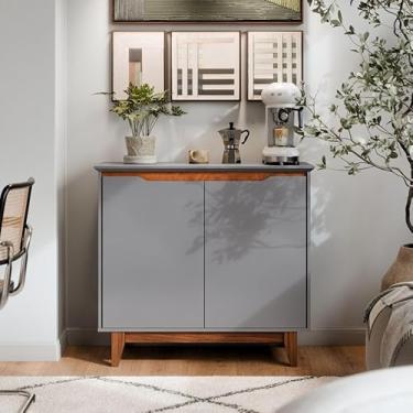 Imagem de Buffet Aparador 2 Portas MDF Balcão Hall de Entrada Pés de Madeira Rústico (Cinza)