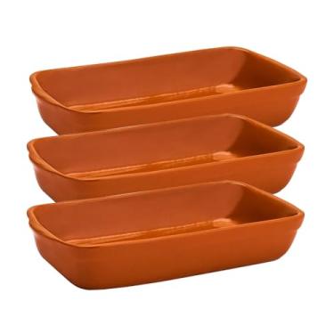 Imagem de kit 3 Travessa 1400ml Retangular Refratária Restaurante Marrom Cerâmica Assadeira Forno Feijoada para Gratinar