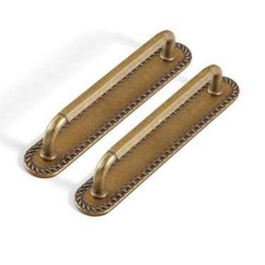 Imagem de Goo-Ki Pacote com 2 puxadores de armário com placa traseira/espaçador puxadores de gaveta de latão antigo, orifício central de 12 cm, vintage, retrô, liga de zinco, ferragens de cozinha