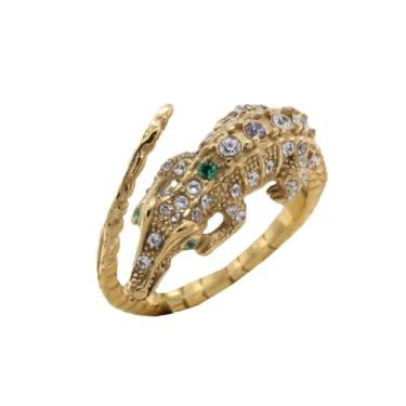 Imagem de PAMTIER Anel masculino de aço inoxidável criativo dominador crocodilo motociclista com pingente de animal selvagem em forma de jacaré de zircão arco-íris, Metal, Metal