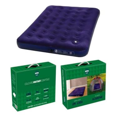 Imagem de Colchão Inflável Casal Liso Azul Colchonete Camping Barraca Acampamento Piscina Viagem Dormir Rápido