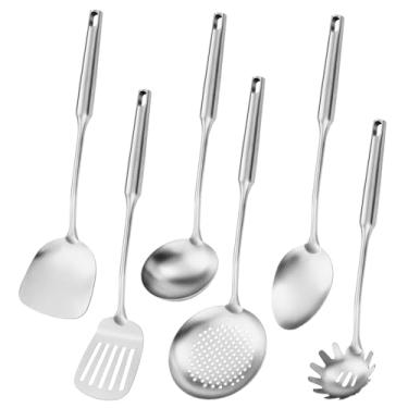 Imagem de Utensílio de cozinha de aço inoxidável 304, utensílio de cozinha com espátula, colher sólida, concha, escumadeira, colher de espaguete, conjunto de 6 peças, lavável na lava-louças