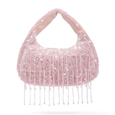 Imagem de NEWBELLA Bolsa de ombro feminina com lantejoulas – Bolsa Hobo com franjas brilhantes, bolsa noturna com glitter para festas, casamentos, coquetéis, rosa, Casual