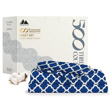 Imagem de Conjunto de lençóis de cama de 500 fios 100% algodão egípcio - lençol completo de algodão de fibra longa azul-marinho quadrifólio para cama, serve para colchão de até 40,6 cm de profundidade, lençóis de cetim macio e sedoso