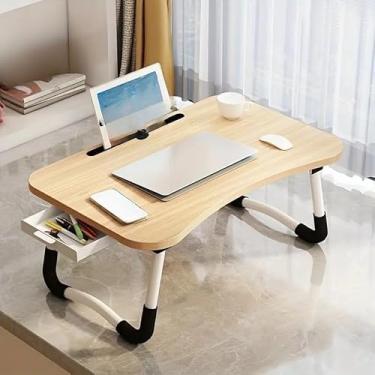 Imagem de Mesa de Cama com Gaveta e Suporte para Tablet - Portátil, Dobrável e Organizada - Perfeita para Home Office e Estudos (MADEIRA COM GAVETA)