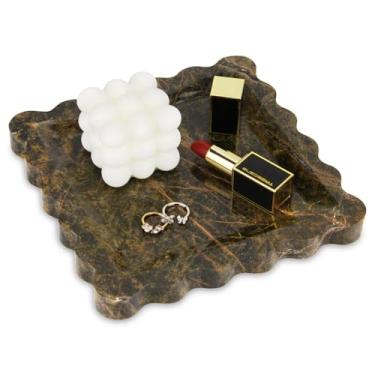 Imagem de HESHIBI Bandeja quadrada de mármore, bandeja decorativa de pedra natural de luxo, dispensador de sabonete, perfume, cozinha, banheiro, pia, anel, chaveiro, verde floresta, 20 x 20 cm x 2 cm)