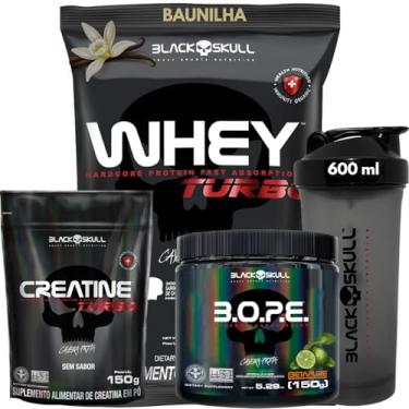 Imagem de Whey Protein Concentrado + Creatina Monohidratada 150g + Pré-Treino B.O.P.E 150g + Coqueteleira 600ml - Kit Black Skull Para Ganho de Massa e Força (Whey Baunilha + Bope Limão)