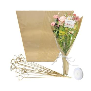 Imagem de Buxiffod 50 peças de mangas de papel de embrulho de flores - saco de flores de buquê de papel kraft com fitas e clipes de cartão 55 x 35 centímetros adequado para barra de flores, dia das mães, dia