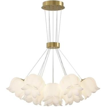 Imagem de Lustre de flores brancas com 7 luzes para quarto, luminária pendente moderna de meados do século, luminária de teto floral com cluster dourado para sala de estar, quarto de meninas, escada,