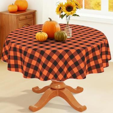 Imagem de Smiry Toalha de mesa redonda de plástico, toalha de mesa de vinil impermeável com forro de flanela, capa de mesa xadrez de búfalo limpa para jantar, interior e exterior (laranja e preto, redondo de