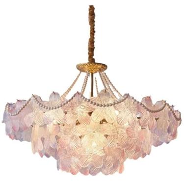 Imagem de Lustre para meninas para teto de quarto, lustre de vidro rosa, flor, azul, nórdico, moderno, pendente, luminárias, grande, tambor, lustre para sala de jantar, mesa, banheiro, cozinha, hall d