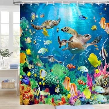 Imagem de ZXMBF Cortina de chuveiro tartaruga marinha mundo subaquático peixes tropicais coloridos coral no fundo do mar recife banheiro decoração de banheira tecido de pano impermeável 182x213 cm ganchos de